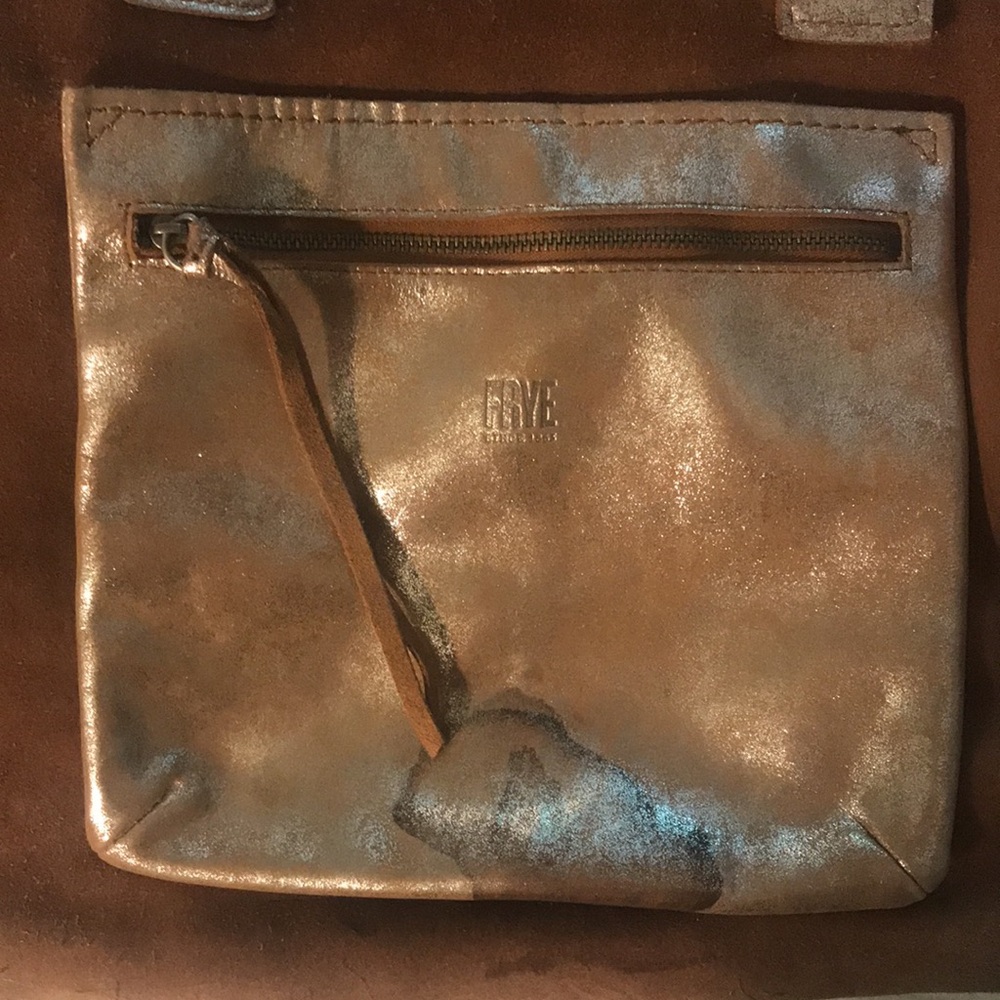 Frye Metallic Rose Gold Leather Tote Bag Purse with Charm - Picture 8 of 13